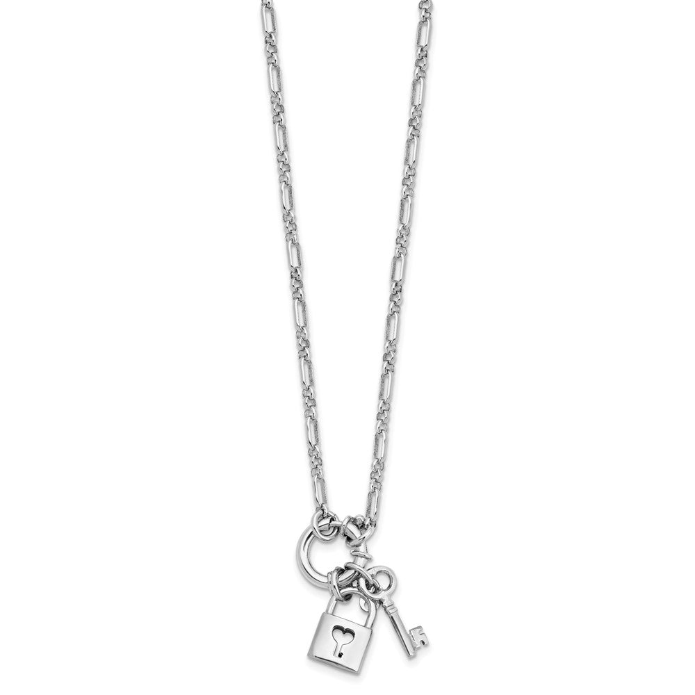 Sterling Silver Rhodium Plated Polished Lock And Key Necklace