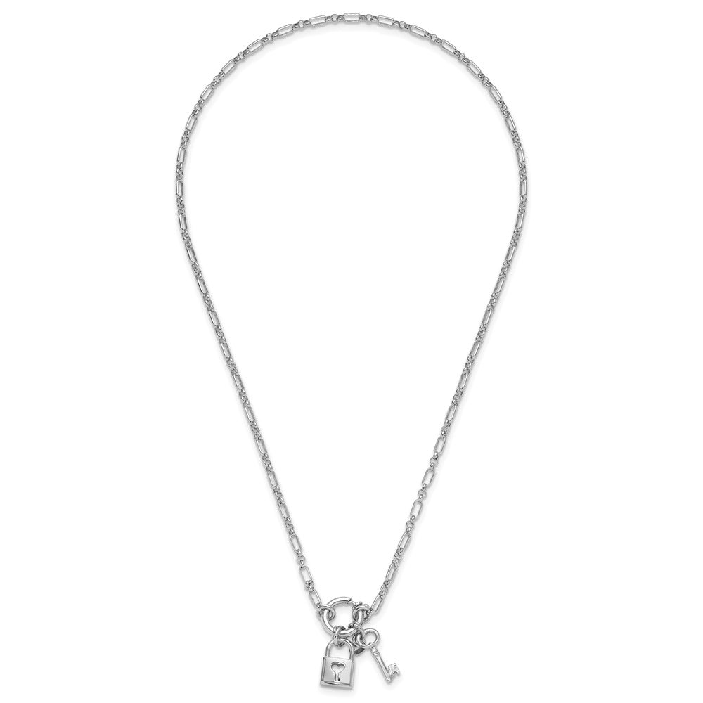 Sterling Silver Rhodium Plated Polished Lock And Key Necklace