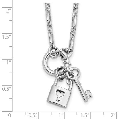 Sterling Silver Rhodium Plated Polished Lock And Key Necklace