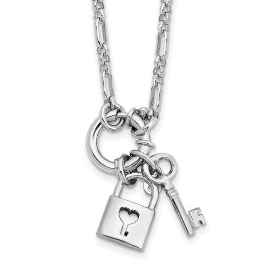 Sterling Silver Rhodium Plated Polished Lock And Key Necklace