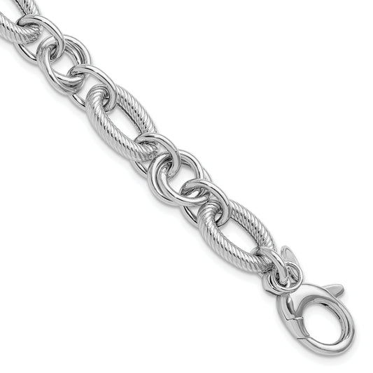 Sterling Silver Ss Rh Plated Polished/Textured Fancy Link W/.25In Ext. Bracelet