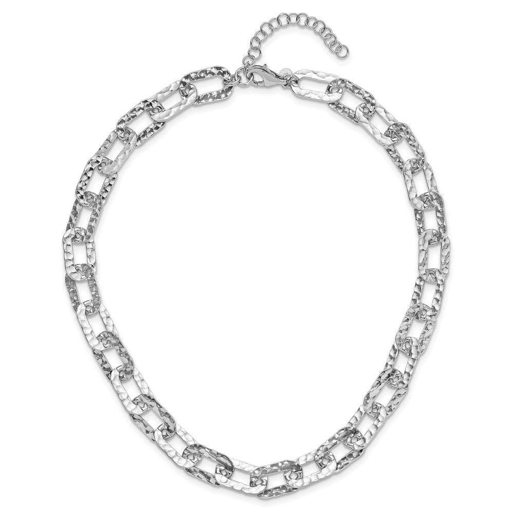 Sterling Silver Rh Plat Polish/Hammered Fancy 2In Ext. Necklace