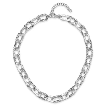 Sterling Silver Rh Plat Polish/Hammered Fancy 2In Ext. Necklace