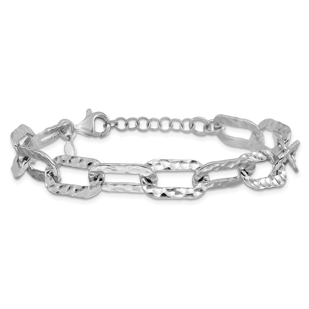 Sterling Silver Rh Pl Polished/Hammered Fancy 1In Ext. Bracelet