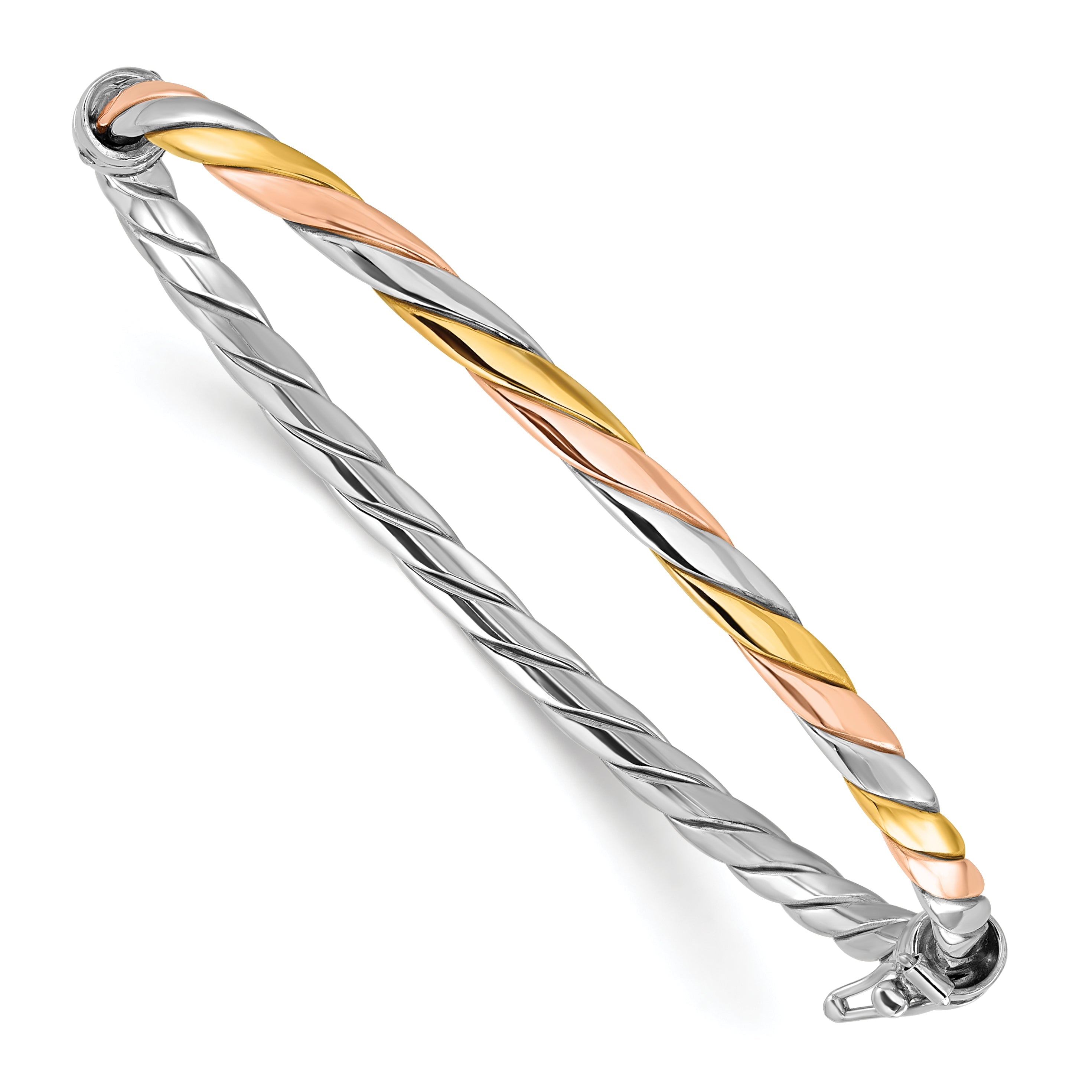 Sterling Silver Rh Plated Gold And Rose Tone Hinged Bangle
