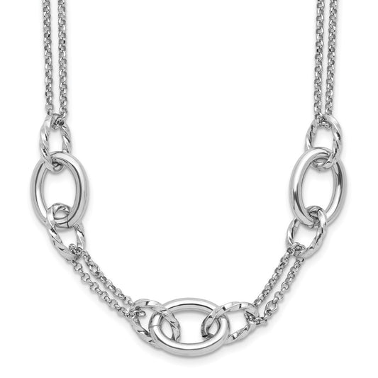 Sterling Silver Rhodium Plated Fancy Link With 2In Ext. Necklace