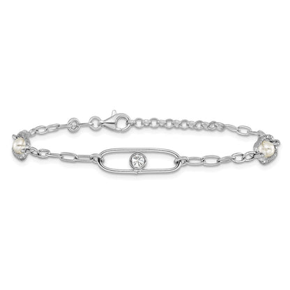 Sterling Silver Rh Plated Cz And Crystal Pearl 1In Ext. Bracelet