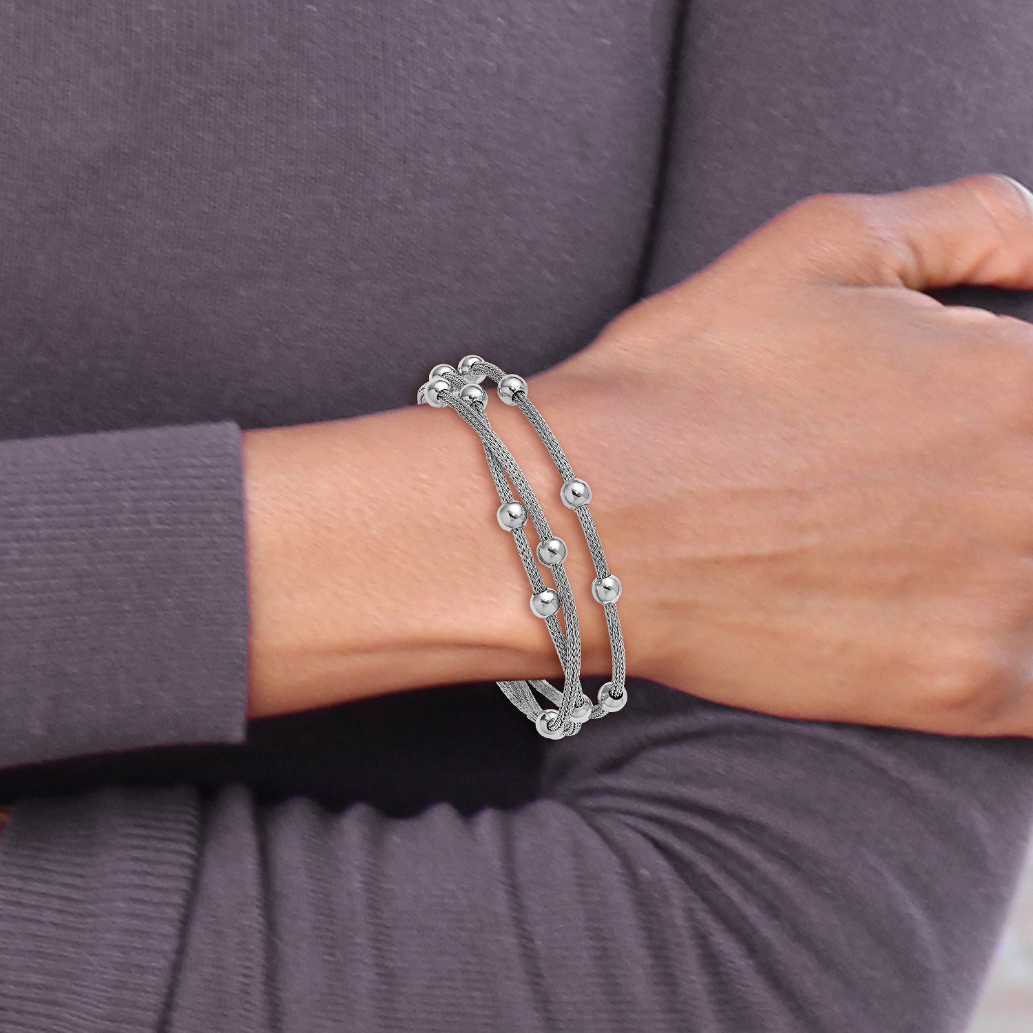 Sterling Silver Ss Rh Plated Polished 3 Strand Bead 1In Ext. Bracelet