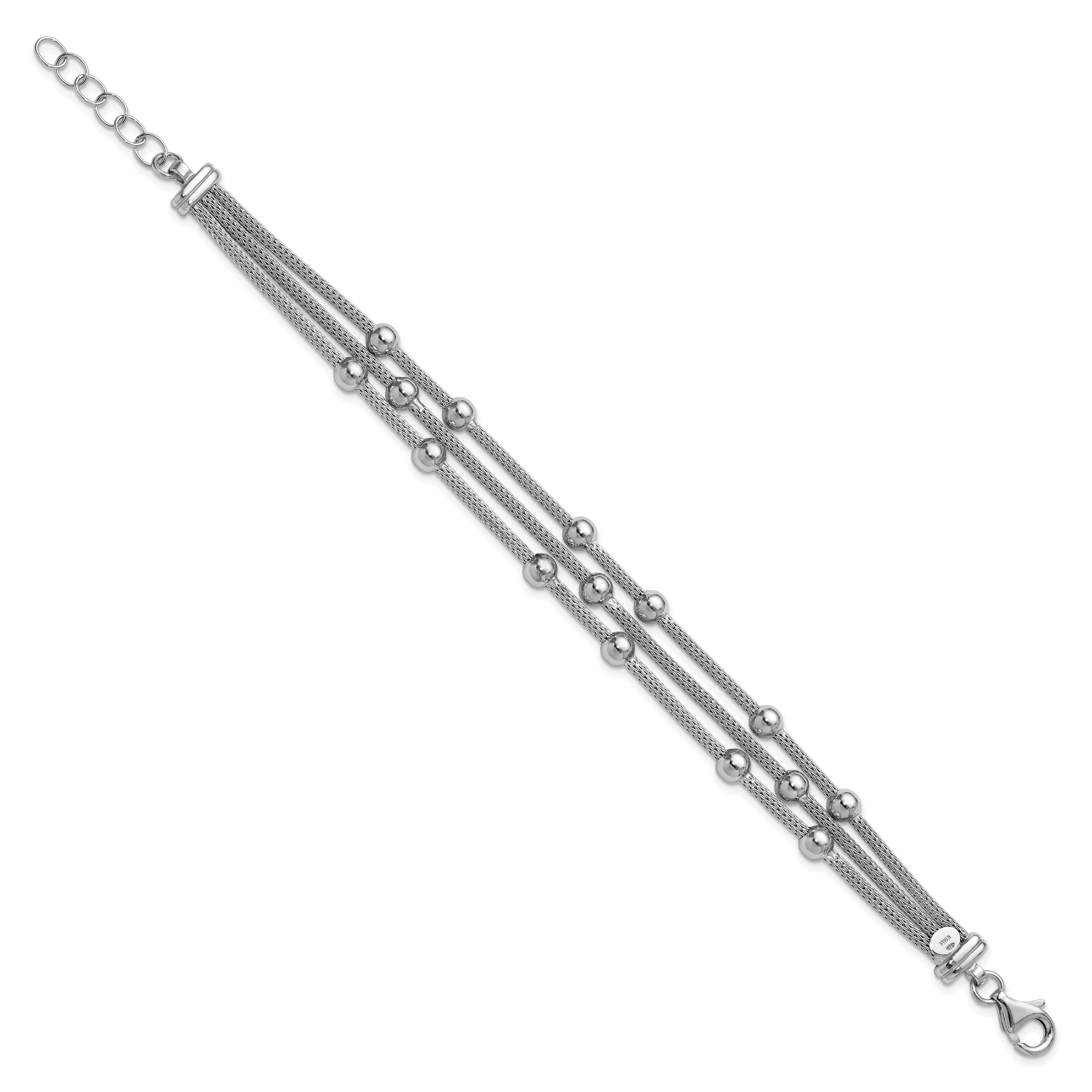 Sterling Silver Ss Rh Plated Polished 3 Strand Bead 1In Ext. Bracelet