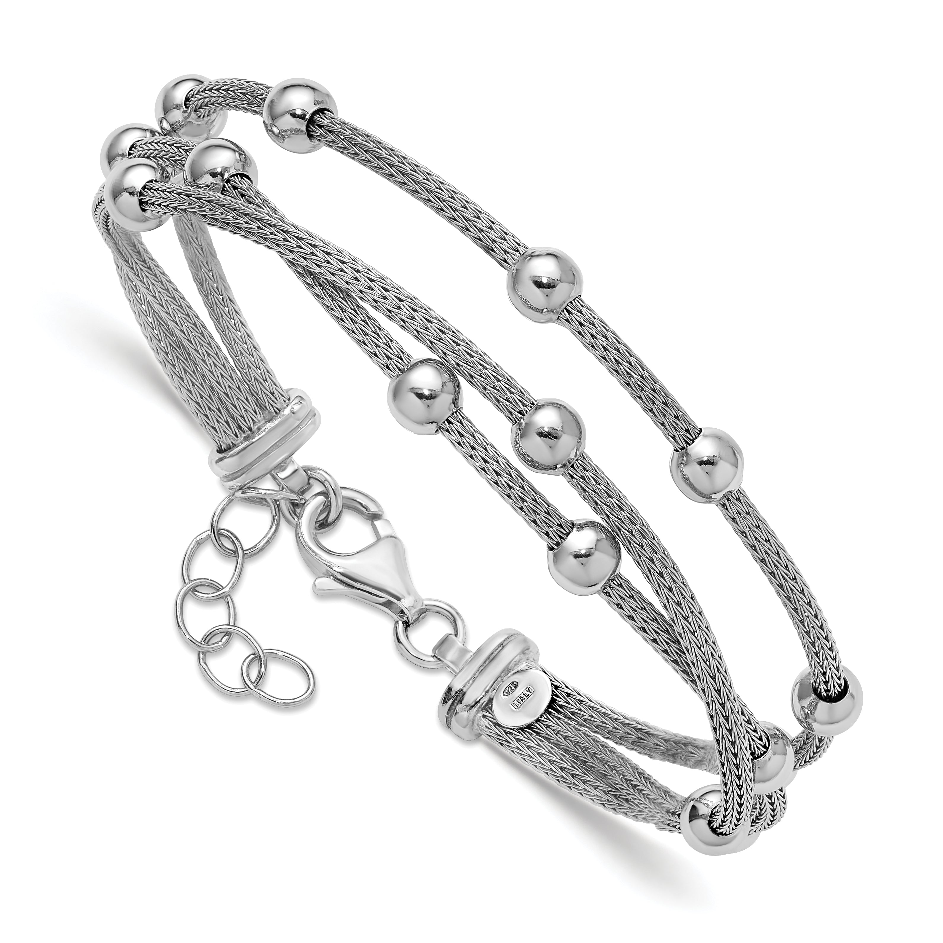 Sterling Silver Ss Rh Plated Polished 3 Strand Bead 1In Ext. Bracelet