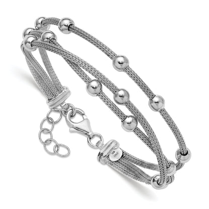 Sterling Silver Ss Rh Plated Polished 3 Strand Bead 1In Ext. Bracelet