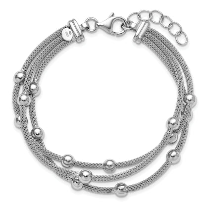 Sterling Silver Ss Rh Plated Polished 3 Strand Bead 1In Ext. Bracelet