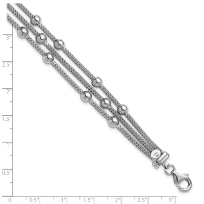 Sterling Silver Ss Rh Plated Polished 3 Strand Bead 1In Ext. Bracelet