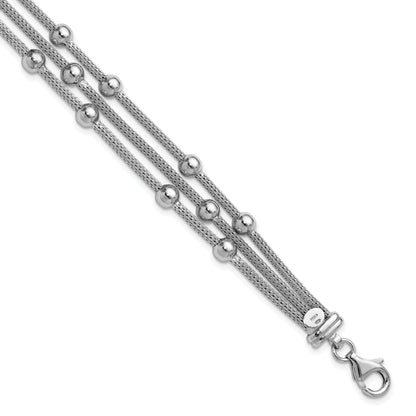 Sterling Silver Ss Rh Plated Polished 3 Strand Bead 1In Ext. Bracelet