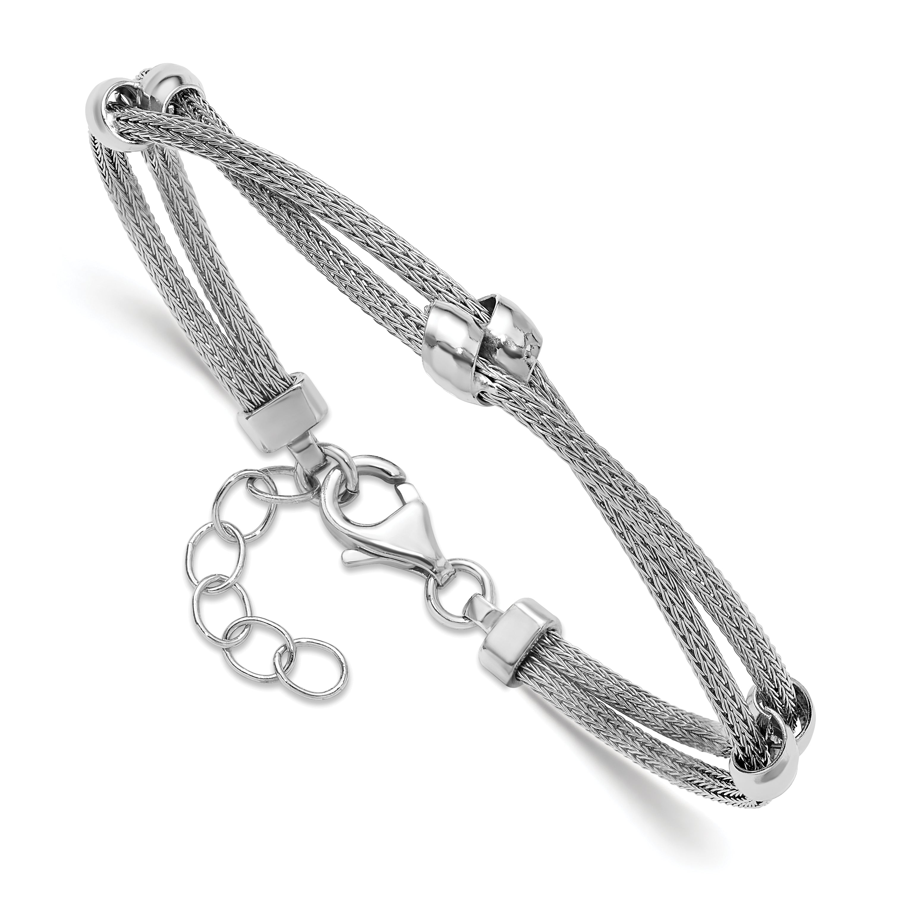 Sterling Silver Ss Rh Plated Polished 2 Strand Bead 1In Ext. Bracelet