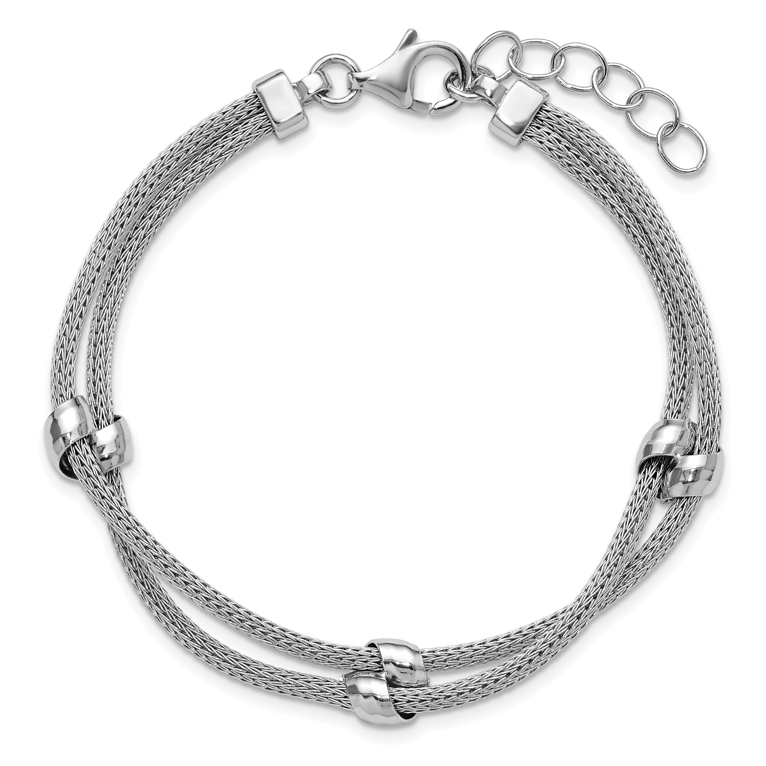 Sterling Silver Ss Rh Plated Polished 2 Strand Bead 1In Ext. Bracelet