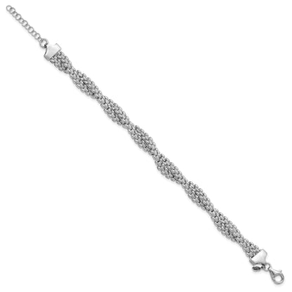 Sterling Silver Ss Rh Plated Polish/Texture Braided W/ 1In Ext. Bracelet