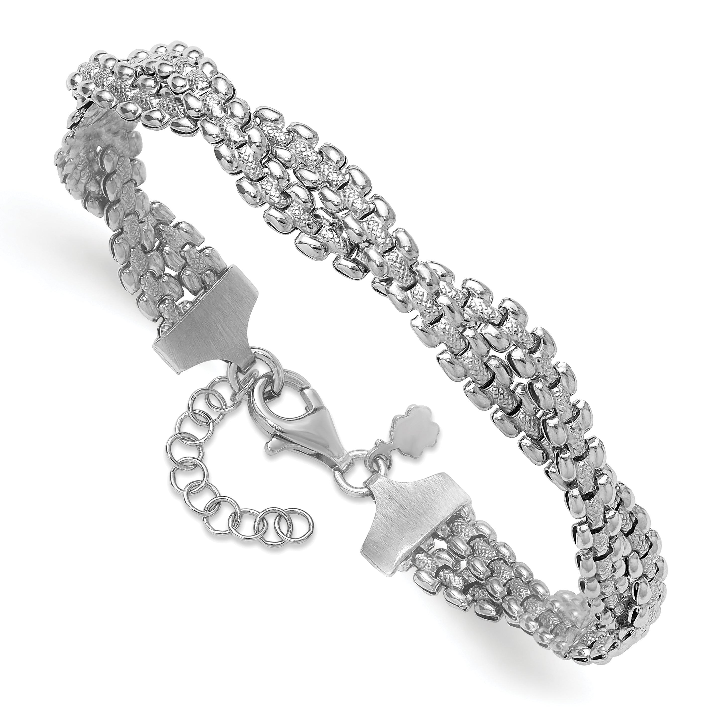 Sterling Silver Ss Rh Plated Polish/Texture Braided W/ 1In Ext. Bracelet