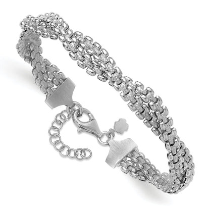 Sterling Silver Ss Rh Plated Polish/Texture Braided W/ 1In Ext. Bracelet