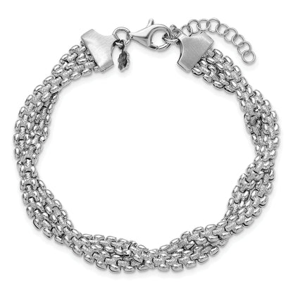 Sterling Silver Ss Rh Plated Polish/Texture Braided W/ 1In Ext. Bracelet