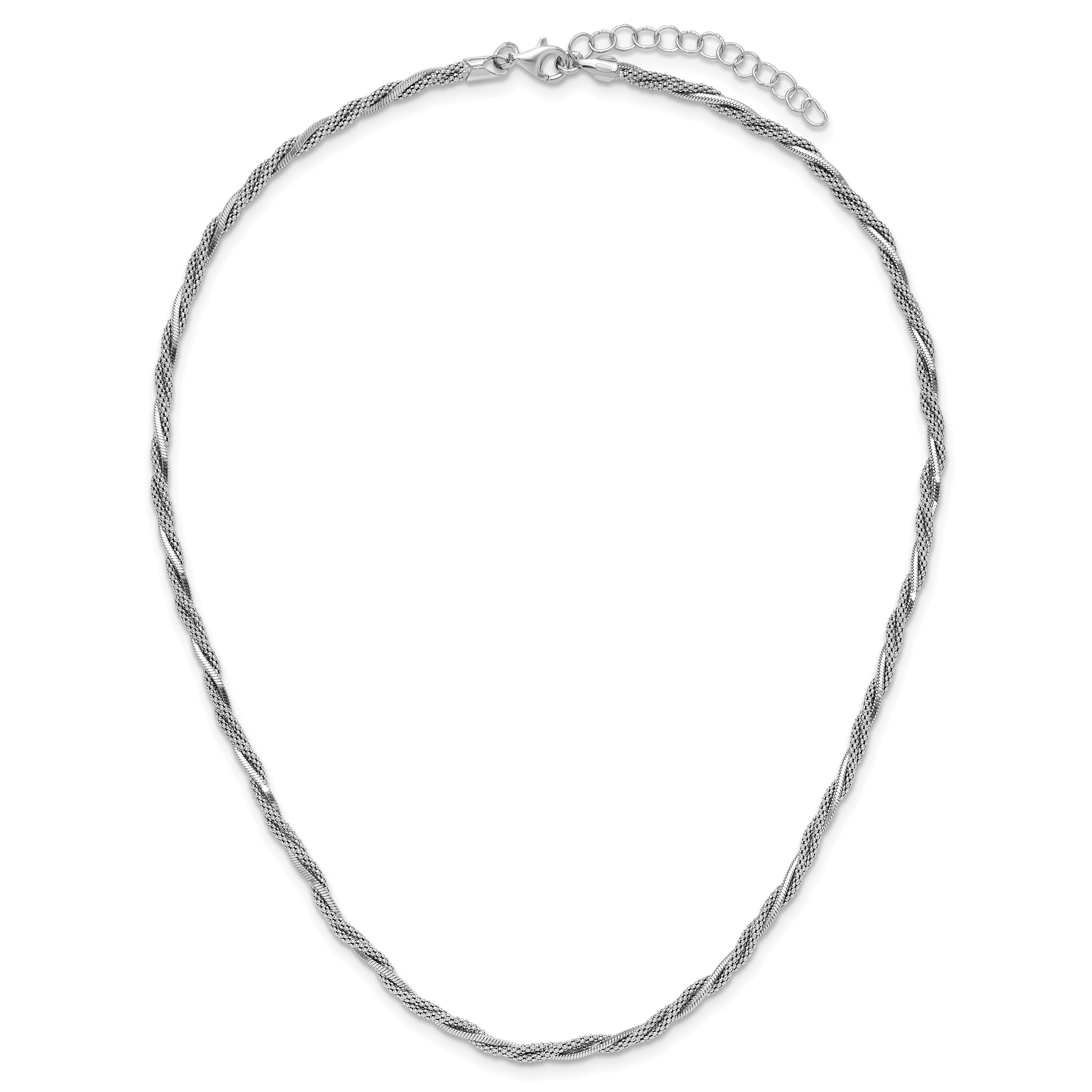 Sterling Silver Ss Rh Plated Polish/Texture Braided 1.5In Ext. Necklace