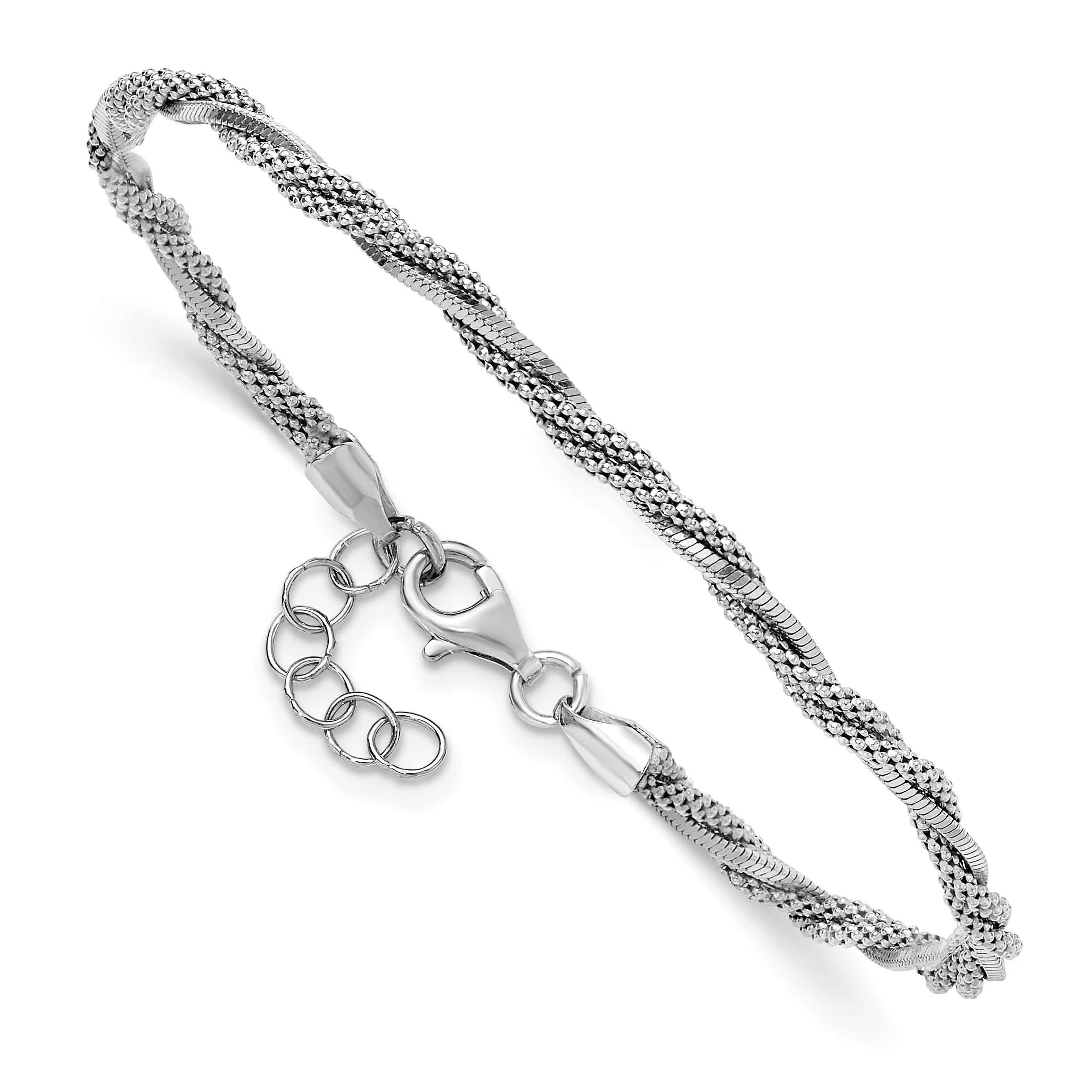 Sterling Silver Ss Rh Plated Polish/Texture Braided W/ .75In Ext. Bracelet
