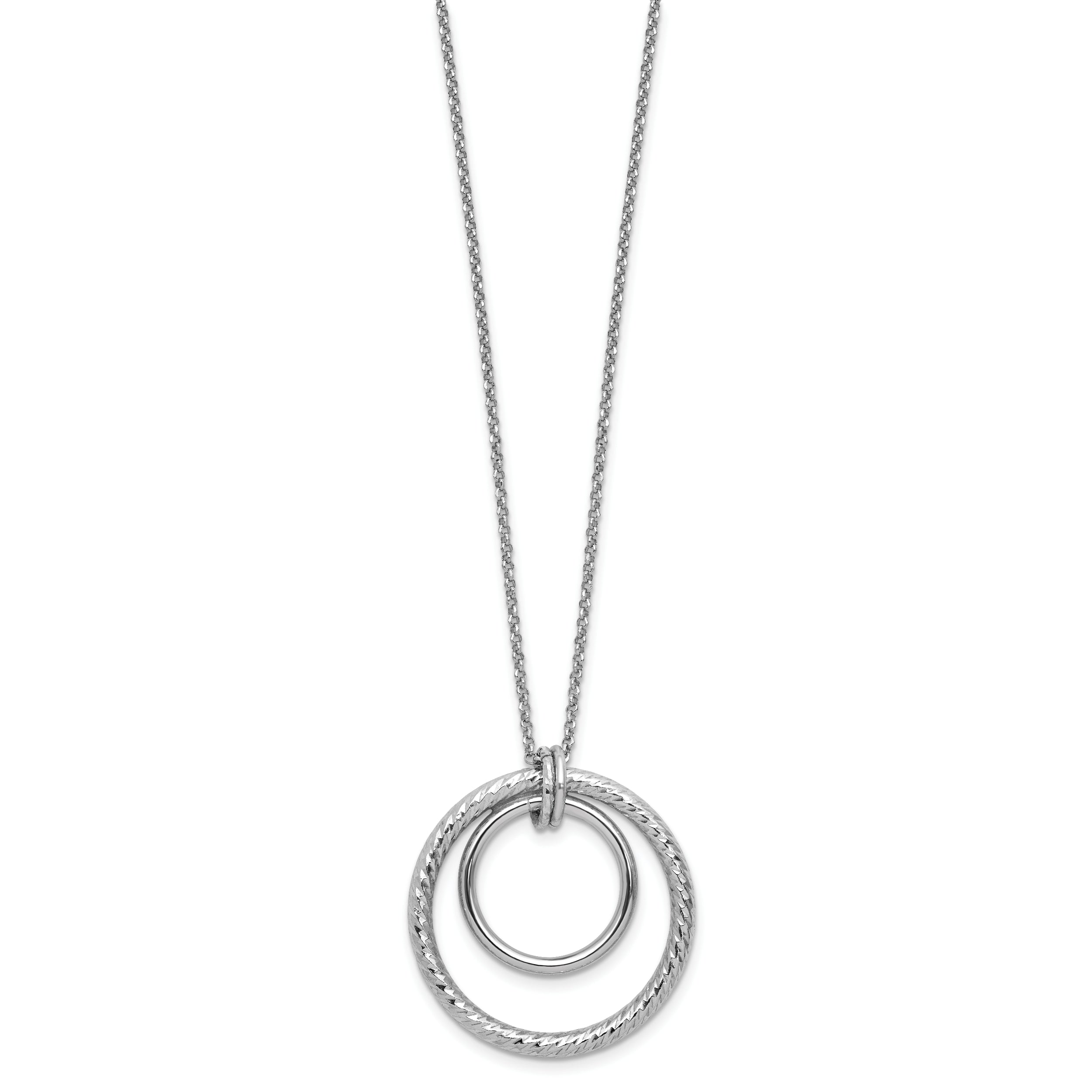 Sterling Silver Ss Rh Plated Polished / Dia Cut Circle W/ 2In Ext. Necklace