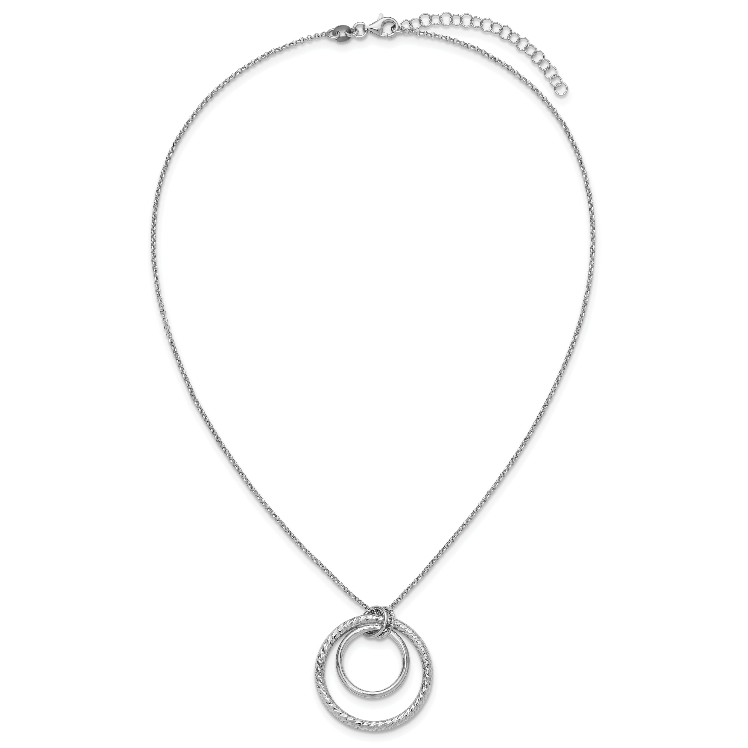 Sterling Silver Ss Rh Plated Polished / Dia Cut Circle W/ 2In Ext. Necklace