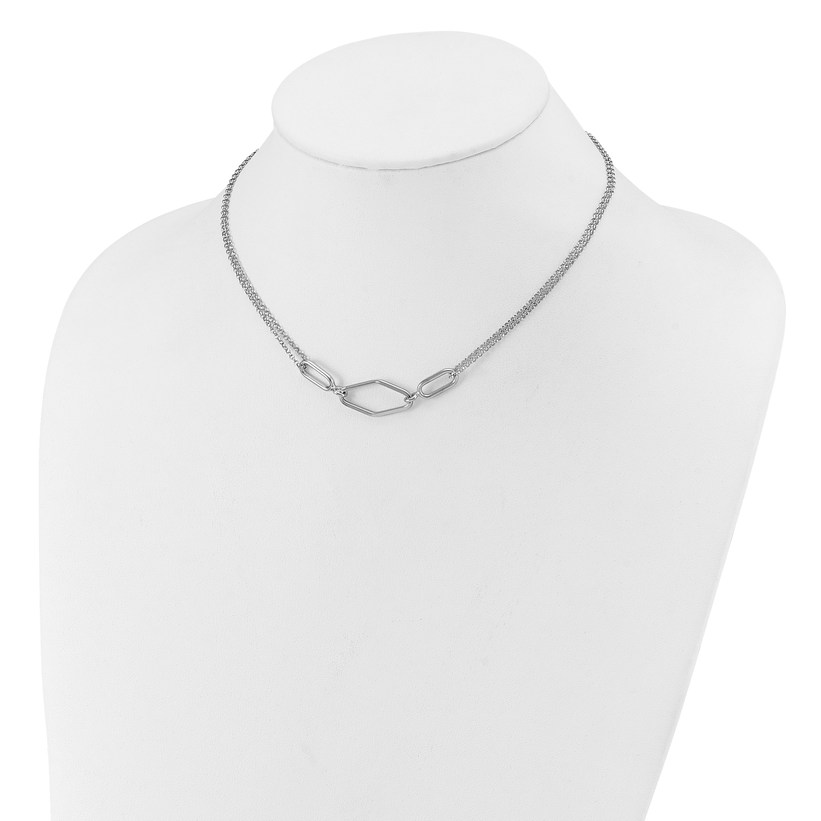 Sterling Silver Ss Rh Plat Polish/Dia Cut Fancy 2 Strand 2In Ext. Necklace