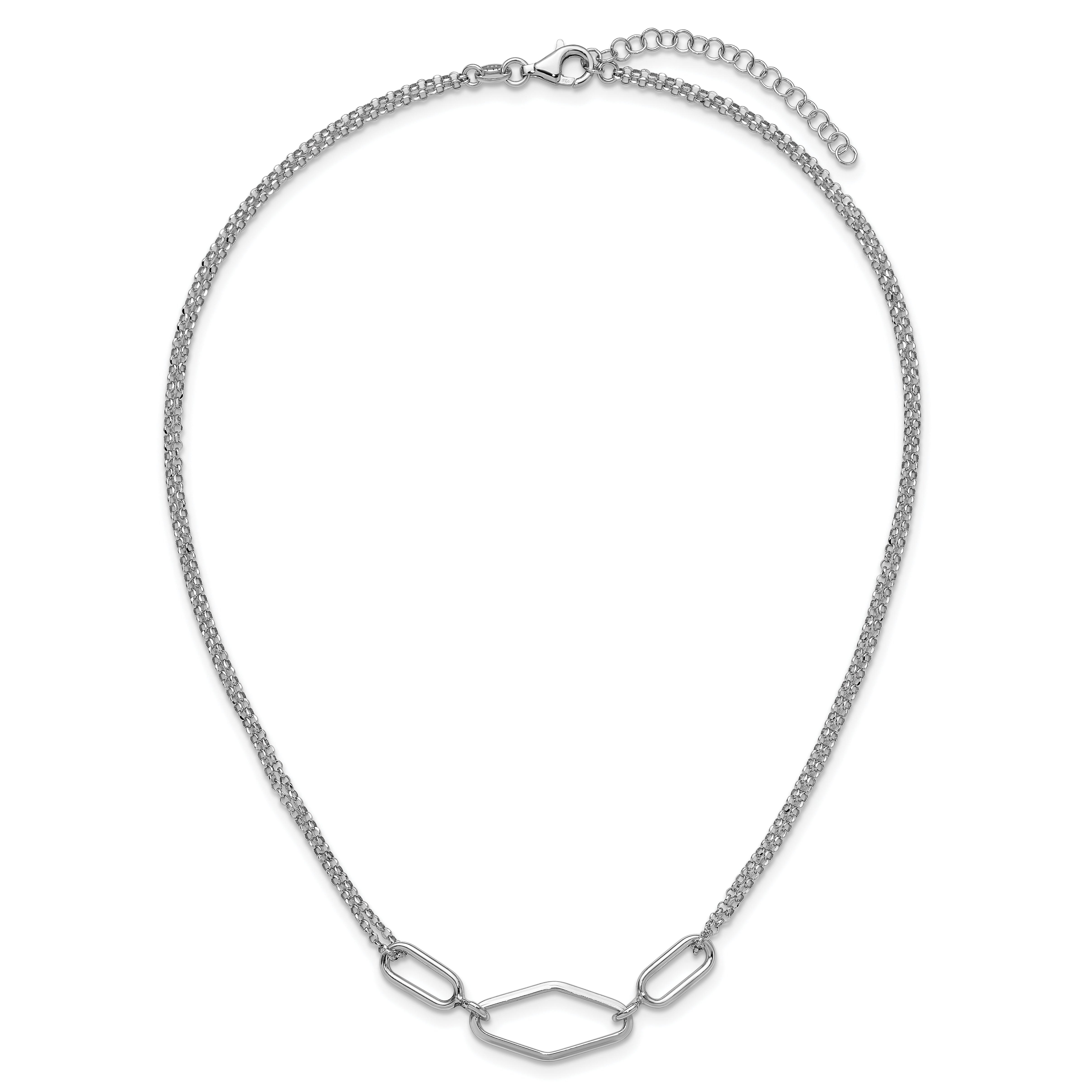 Sterling Silver Ss Rh Plat Polish/Dia Cut Fancy 2 Strand 2In Ext. Necklace