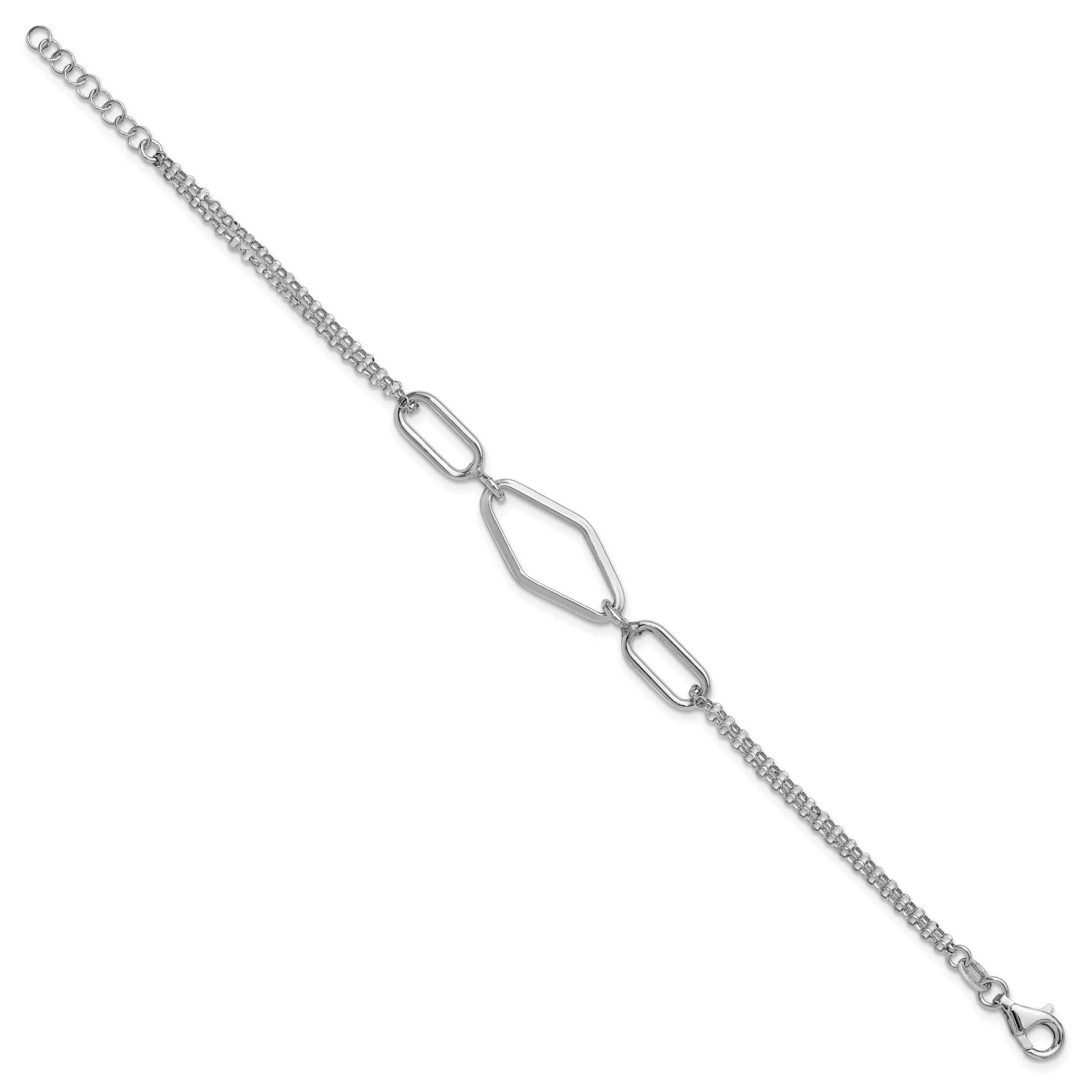 Sterling Silver Ss Rh Plat Polish/Dia Cut Fancy 2 Strand W/.75In Ext. Bracelet