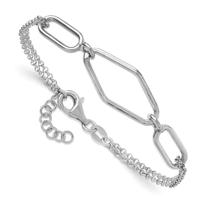 Sterling Silver Ss Rh Plat Polish/Dia Cut Fancy 2 Strand W/.75In Ext. Bracelet