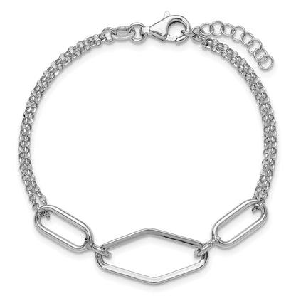 Sterling Silver Ss Rh Plat Polish/Dia Cut Fancy 2 Strand W/.75In Ext. Bracelet