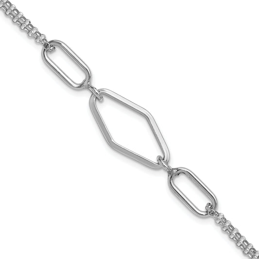 Sterling Silver Ss Rh Plat Polish/Dia Cut Fancy 2 Strand W/.75In Ext. Bracelet