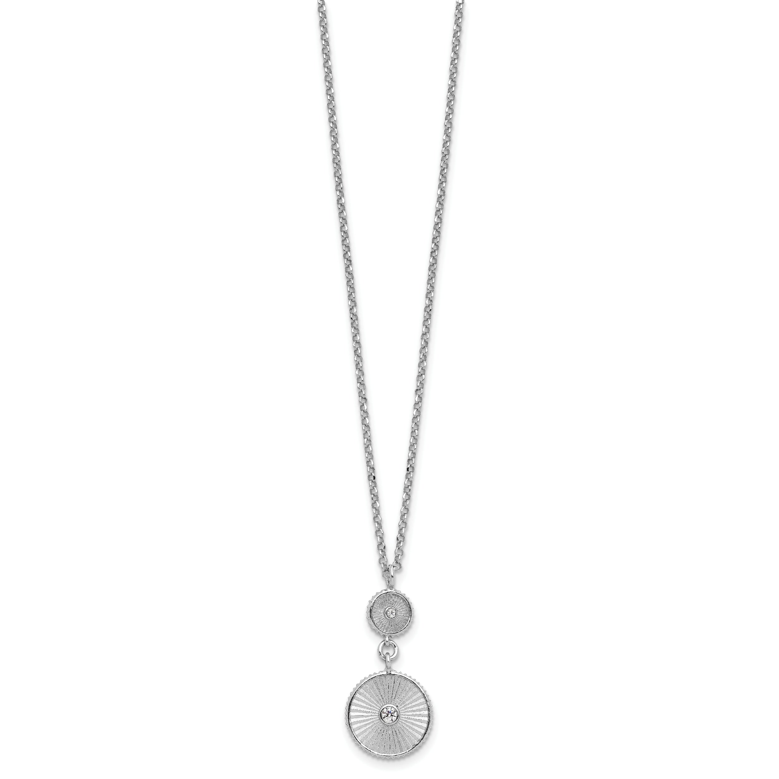 Sterling Silver Ss Rh Plated Cz Polish/Grooved Circle 2In Ext. Necklace