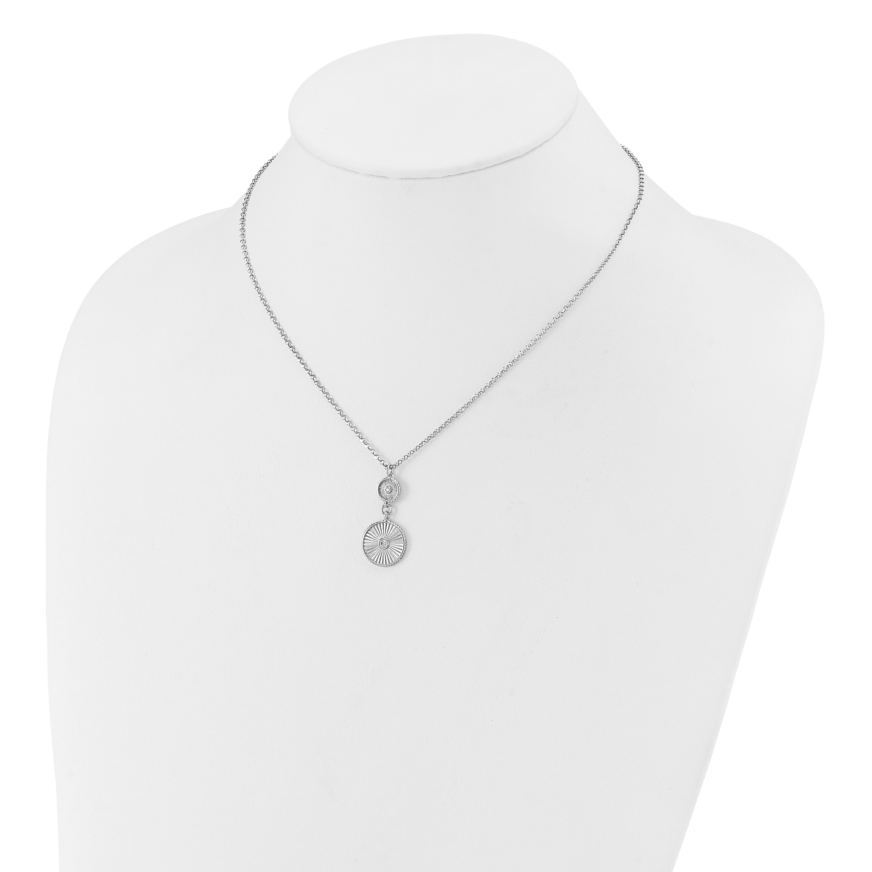 Sterling Silver Ss Rh Plated Cz Polish/Grooved Circle 2In Ext. Necklace