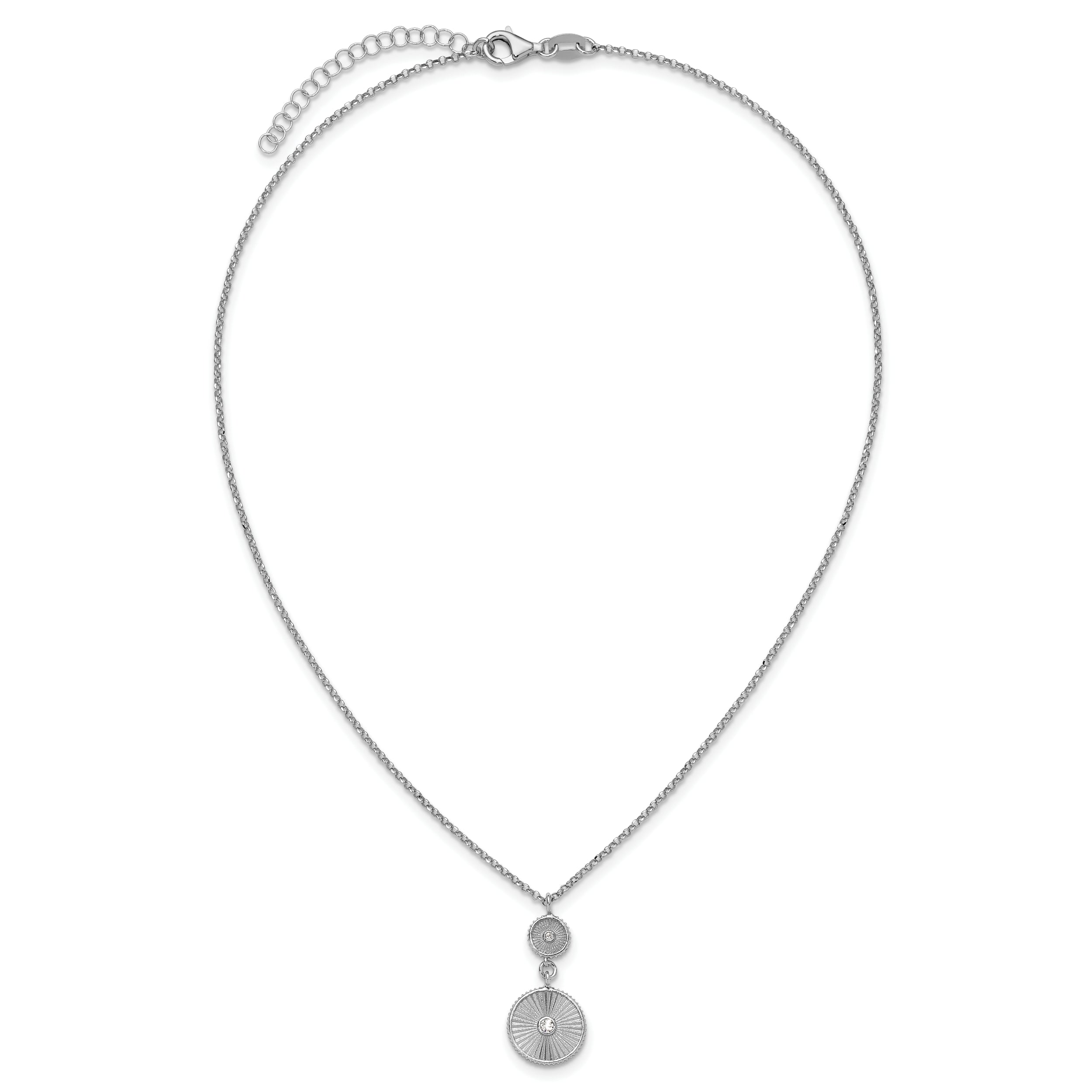 Sterling Silver Ss Rh Plated Cz Polish/Grooved Circle 2In Ext. Necklace