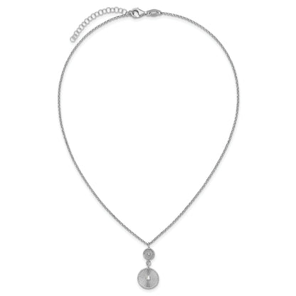 Sterling Silver Ss Rh Plated Cz Polish/Grooved Circle 2In Ext. Necklace
