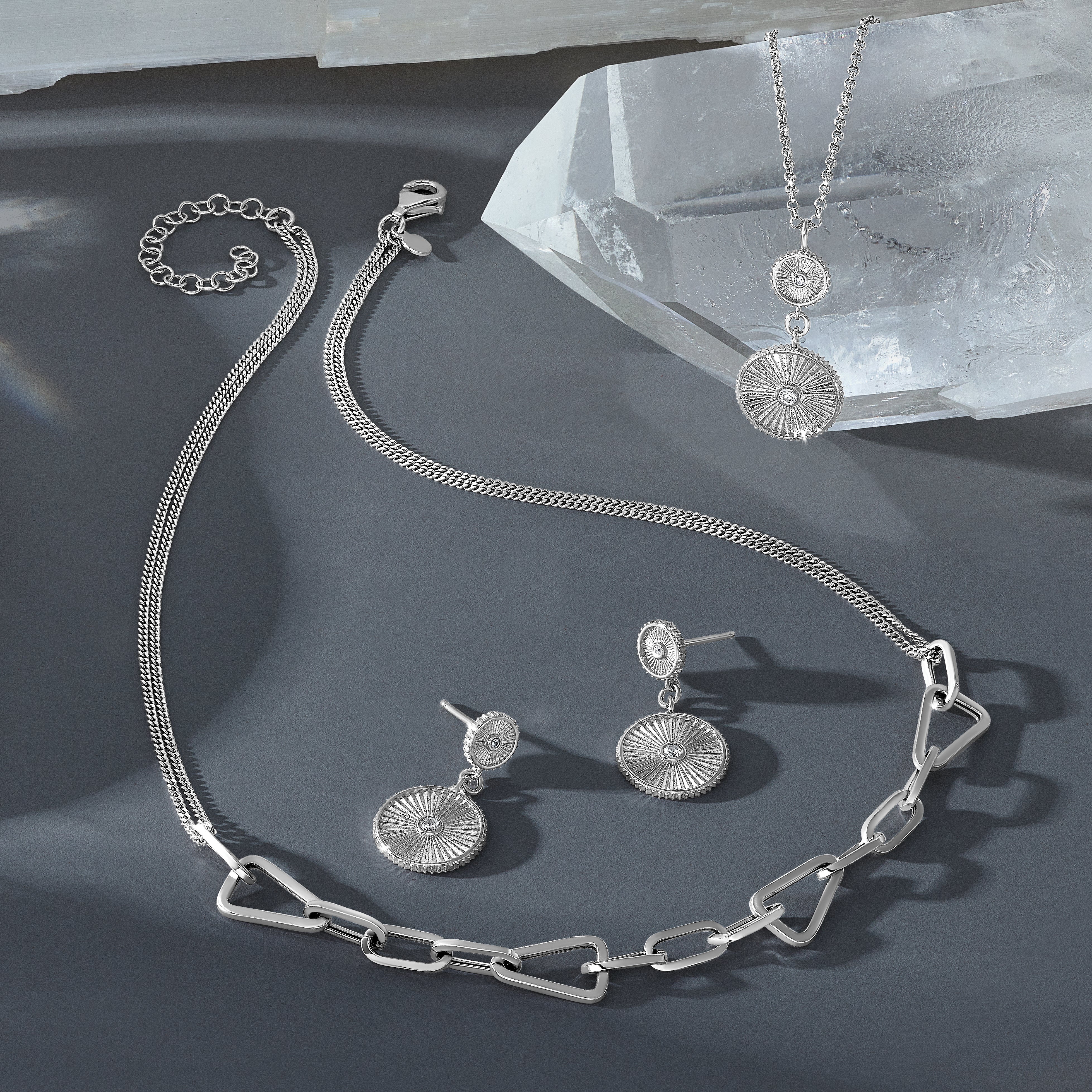 Sterling Silver Ss Rh Plated Cz Polish/Grooved Circle 2In Ext. Necklace