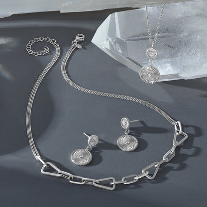 Sterling Silver Ss Rh Plated Cz Polish/Grooved Circle 2In Ext. Necklace