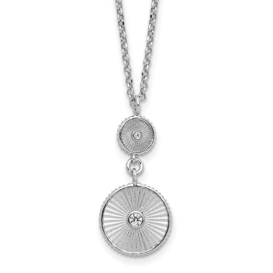Sterling Silver Ss Rh Plated Cz Polish/Grooved Circle 2In Ext. Necklace