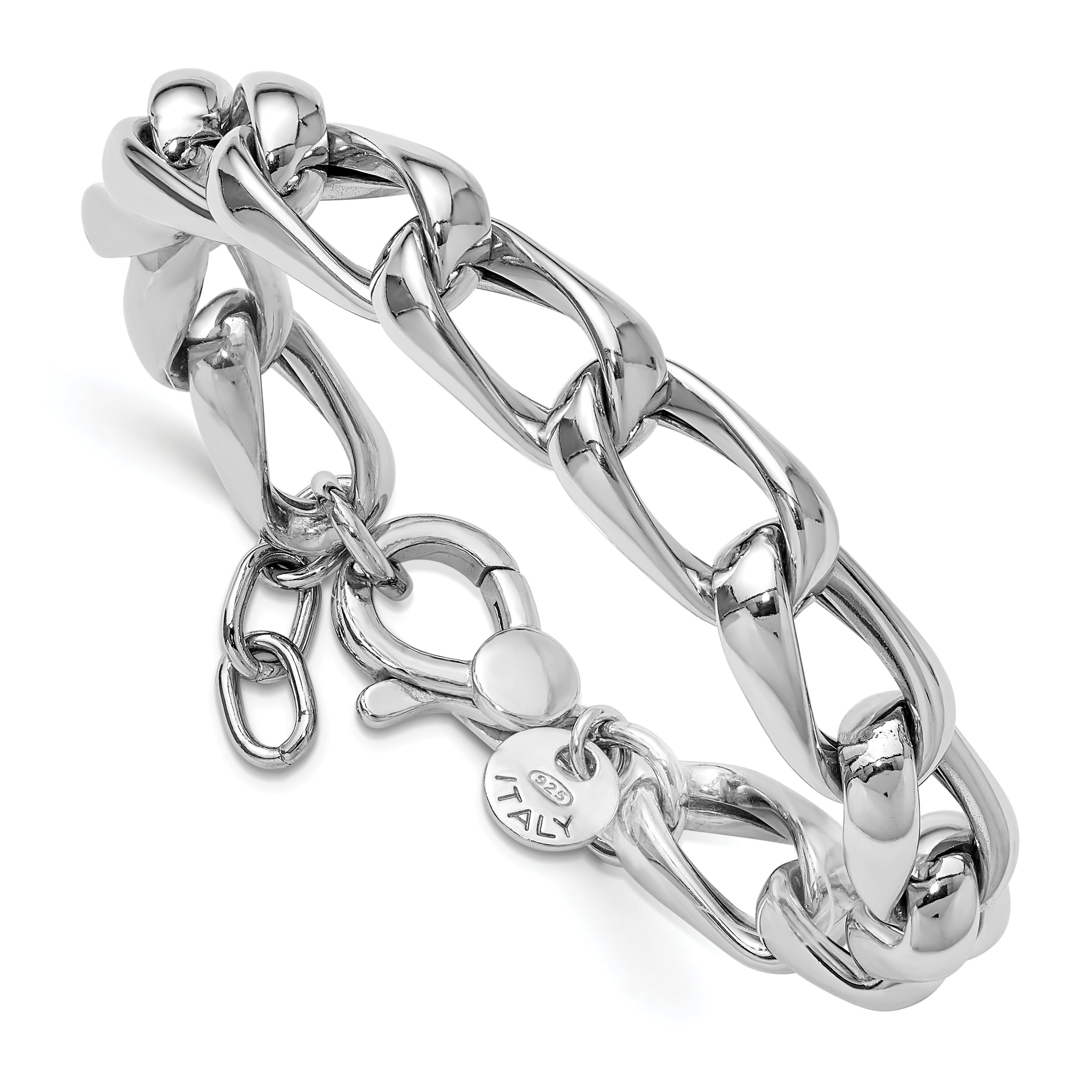 Sterling Silver Ss Rh Plated Polished Fancy Link W/.5In Ext. Bracelet