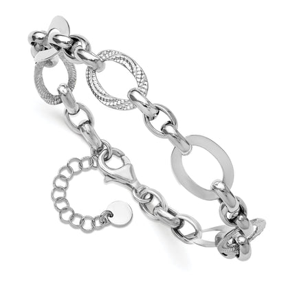 Sterling Silver Ss Rh Plat Polish/Textured Fancy Link 1.25In Ext. Bracelet
