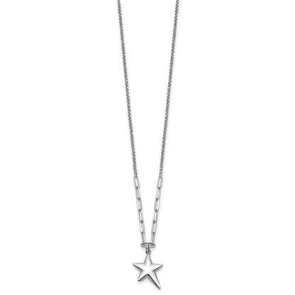 Sterling Silver Ss Rh Plated Polished Star Pendant 1.25In Ext. Necklace