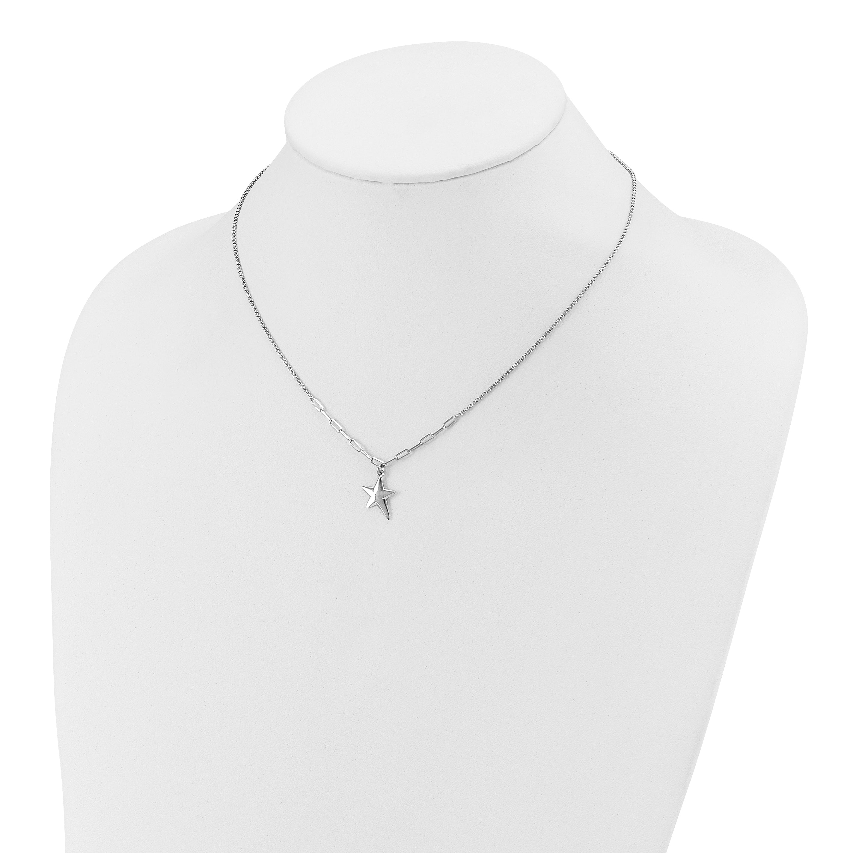 Sterling Silver Ss Rh Plated Polished Star Pendant 1.25In Ext. Necklace