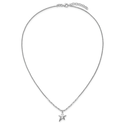 Sterling Silver Ss Rh Plated Polished Star Pendant 1.25In Ext. Necklace
