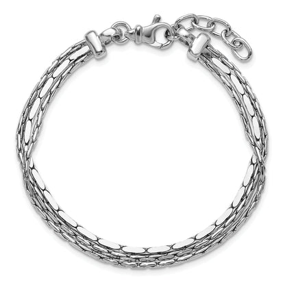 Sterling Silver Ss Rh Plated Polished 3 Strand Fancy 1In Ext. Bracelet