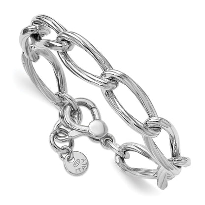 Sterling Silver Ss Rh Plated Polished/Grooved Link W/.75In Ext. Bracelet