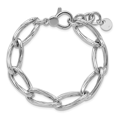 Sterling Silver Ss Rh Plated Polished/Grooved Link W/.75In Ext. Bracelet