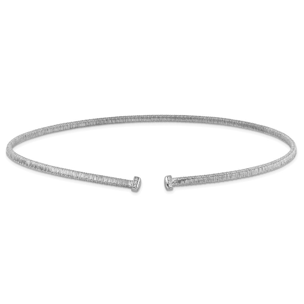 Sterling Silver Ss Rh Plt Polish /Textured Wire Wrapped Cz Collar Necklace